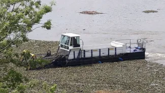 Barco cosechadora en el embalse de Montijo