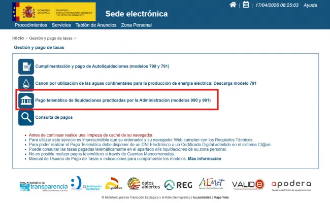 Primer paso a realizar para el pago electrónico de tasas