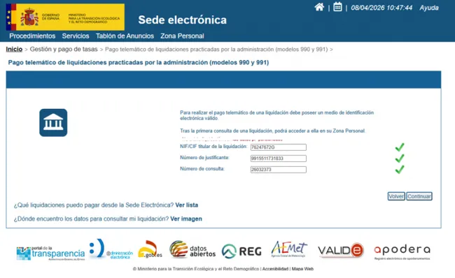 Segundo paso a realizar para el pago electrónico de tasas