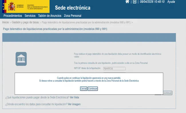 Tercer paso del pago electrónico de tasas