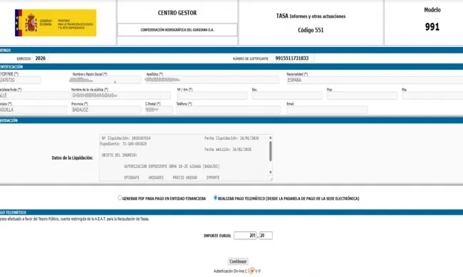 Tercer paso del pago electrónico de tasas
